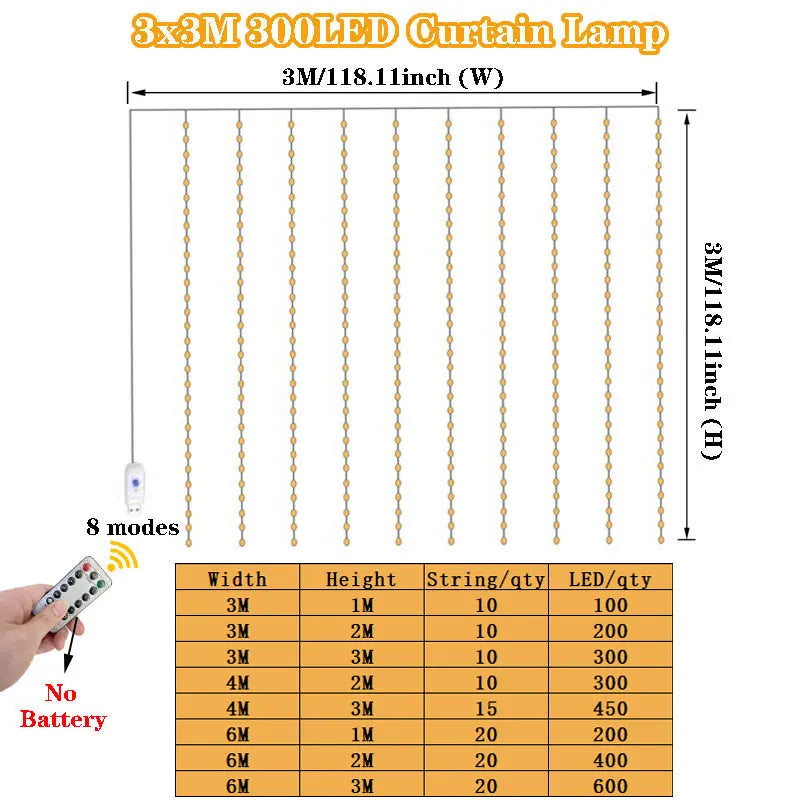 Cortina de led 3/4/6m com controle remoto