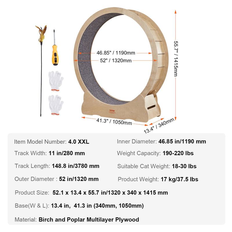 VEVOR Cat Exercise Wheel Natural Wood Silent Running Toy Treadmill Roller Wheel with Detachable Carpet for Most Cats Pet Fitness