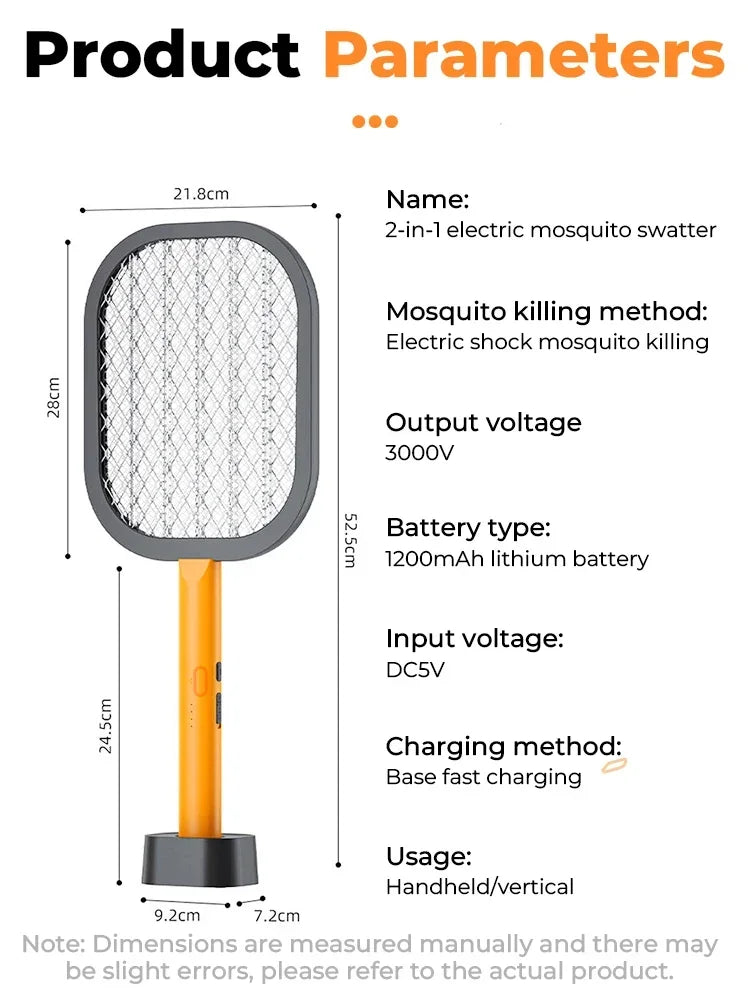 Upgraded 3000V Electric Mosquito Swatter USB Rechargeable Mosquito Killer Lamp Fly Swatter Insect Killer Racket with Base 2-in-1