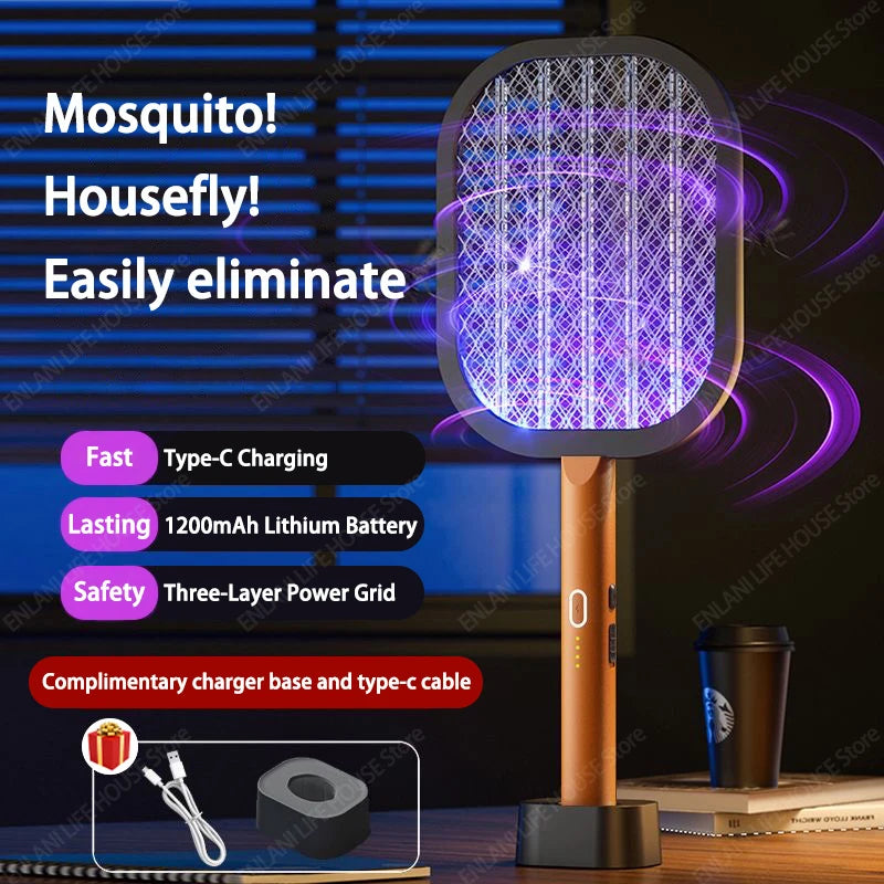 Upgraded 3000V Electric Mosquito Swatter USB Rechargeable Mosquito Killer Lamp Fly Swatter Insect Killer Racket with Base 2-in-1