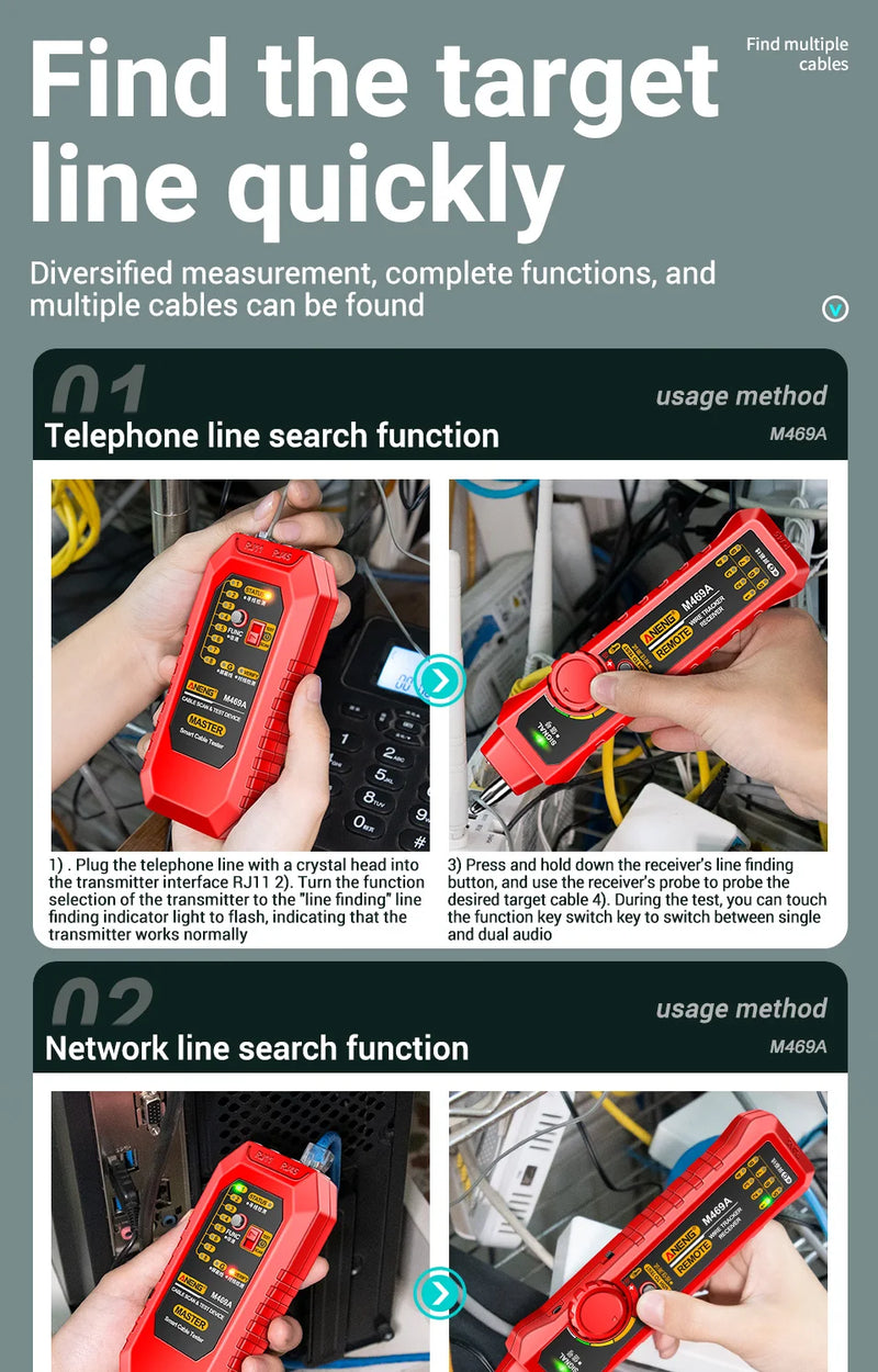 ANENG M469A Smart Network Cable Tester RJ45 RJ11 LAN Cable Tester Finder Wire Tracker Receiver Network Repair Electrical Tool