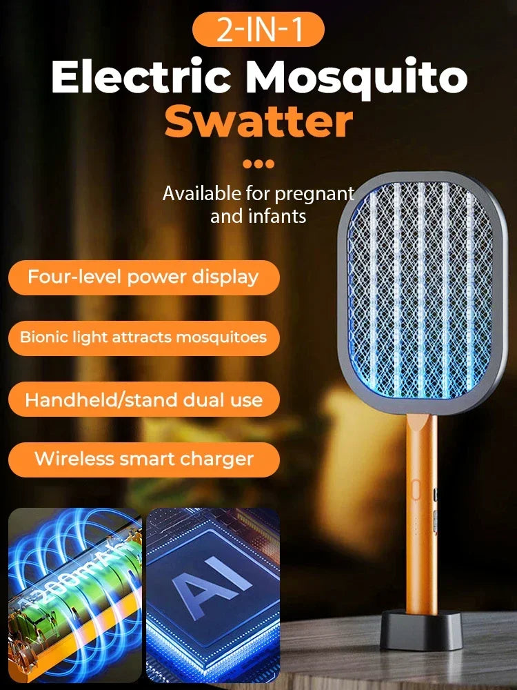 Upgraded 3000V Electric Mosquito Swatter USB Rechargeable Mosquito Killer Lamp Fly Swatter Insect Killer Racket with Base 2-in-1