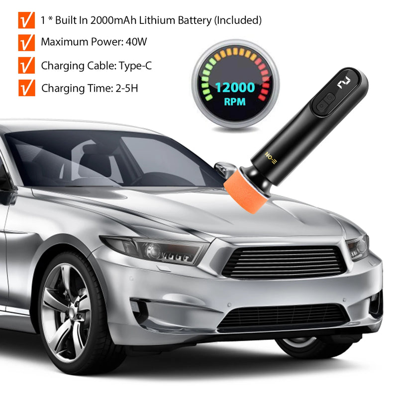 40W Mini Cordless Car Polishing Machine with 3 Speeds 12000rpm Portable Electric Scratch Repair Tool USB Rechargeable Polisher