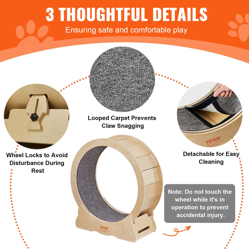 VEVOR Cat Exercise Wheel Natural Wood Silent Running Toy Treadmill Roller Wheel with Detachable Carpet for Most Cats Pet Fitness