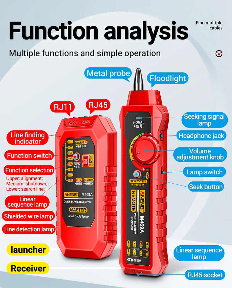 ANENG M469A Smart Network Cable Tester RJ45 RJ11 LAN Cable Tester Finder Wire Tracker Receiver Network Repair Electrical Tool