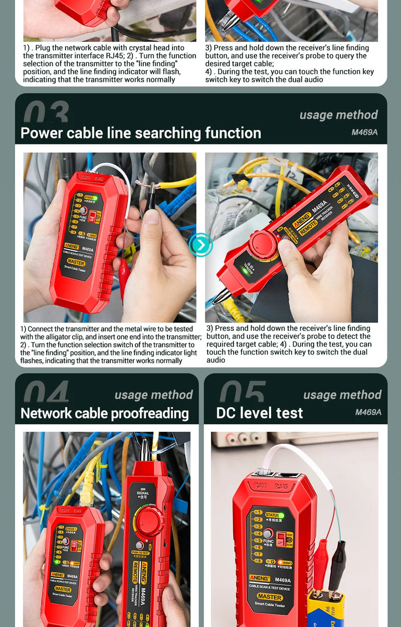 ANENG M469A Smart Network Cable Tester RJ45 RJ11 LAN Cable Tester Finder Wire Tracker Receiver Network Repair Electrical Tool