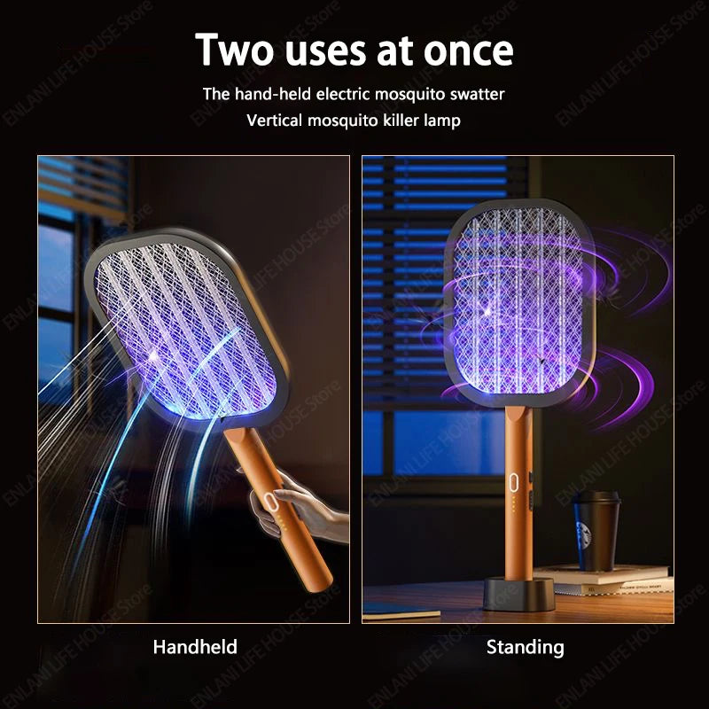 Upgraded 3000V Electric Mosquito Swatter USB Rechargeable Mosquito Killer Lamp Fly Swatter Insect Killer Racket with Base 2-in-1