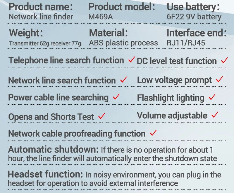 ANENG M469A Smart Network Cable Tester RJ45 RJ11 LAN Cable Tester Finder Wire Tracker Receiver Network Repair Electrical Tool