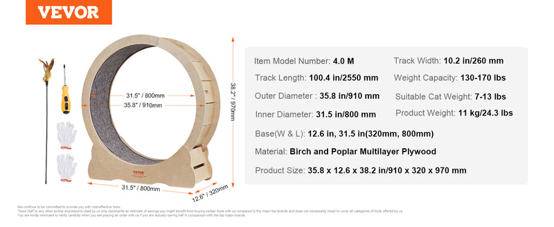 VEVOR Cat Exercise Wheel Natural Wood Silent Running Toy Treadmill Roller Wheel with Detachable Carpet for Most Cats Pet Fitness